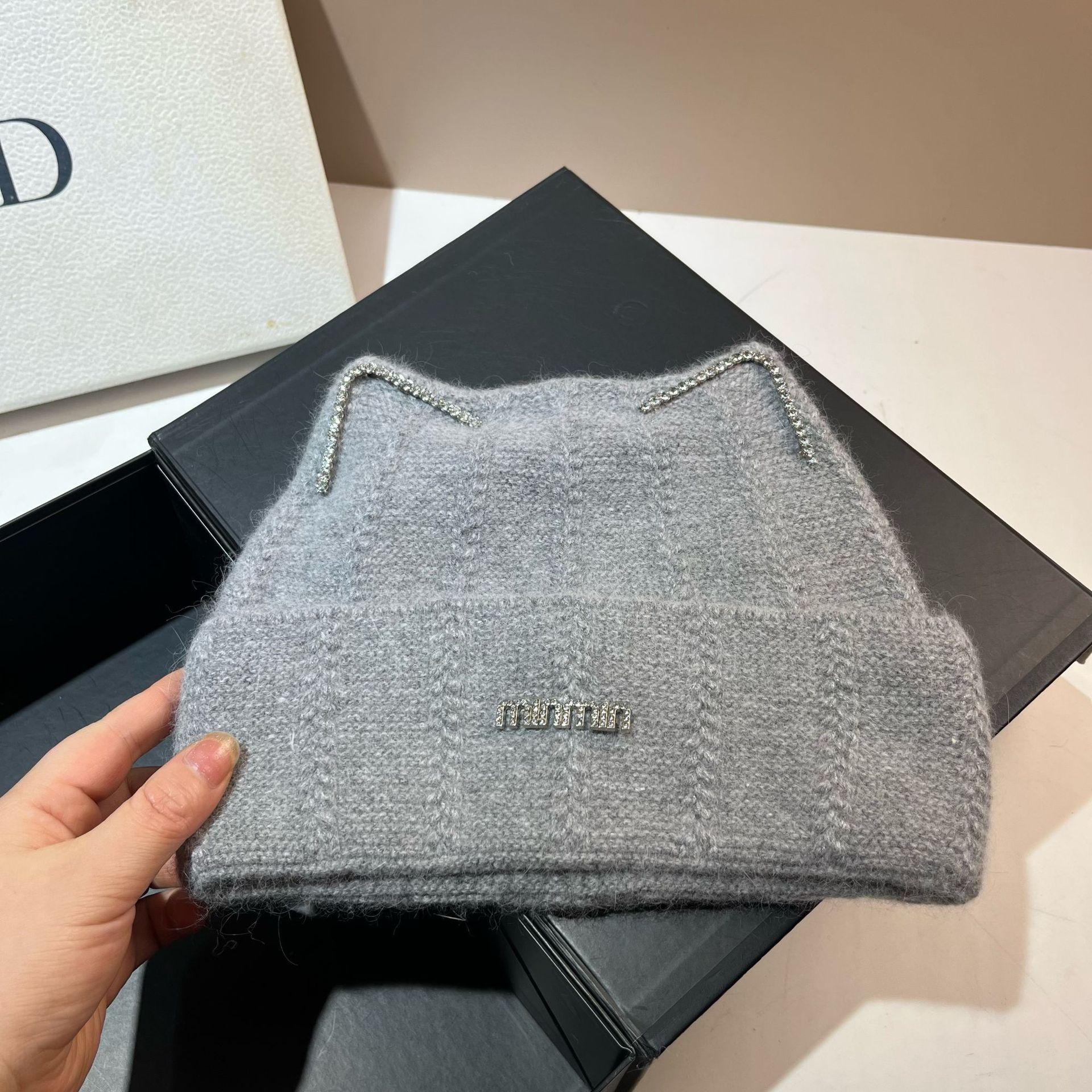 Minmin Rabbit Fur Cat Ears Knitted Hat Female Angora Rabbit Fur Ingot Knitted Warm Cute Wool Hat One size