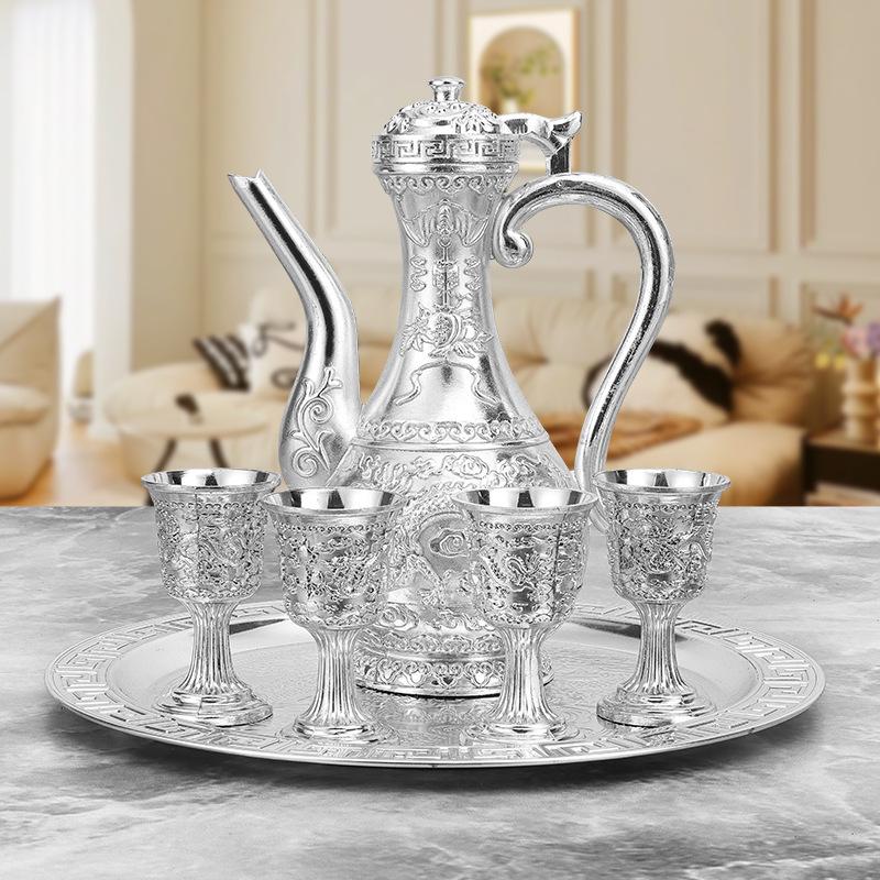 6 Pcs Set Dragon and Phoenix Wine Set Tea Pot Home Party Decorative With 4 Cup Set Coffee Tea Serving Pot With Round Shaped Tray