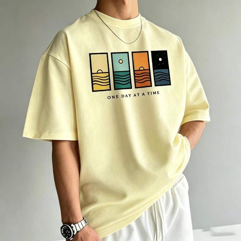 Unisexs TShirt Unisexs Round Neck Short Sleeved TShirt One Day At A Time Abstract Ocean Sunset Art Printed TShirt Casual Street