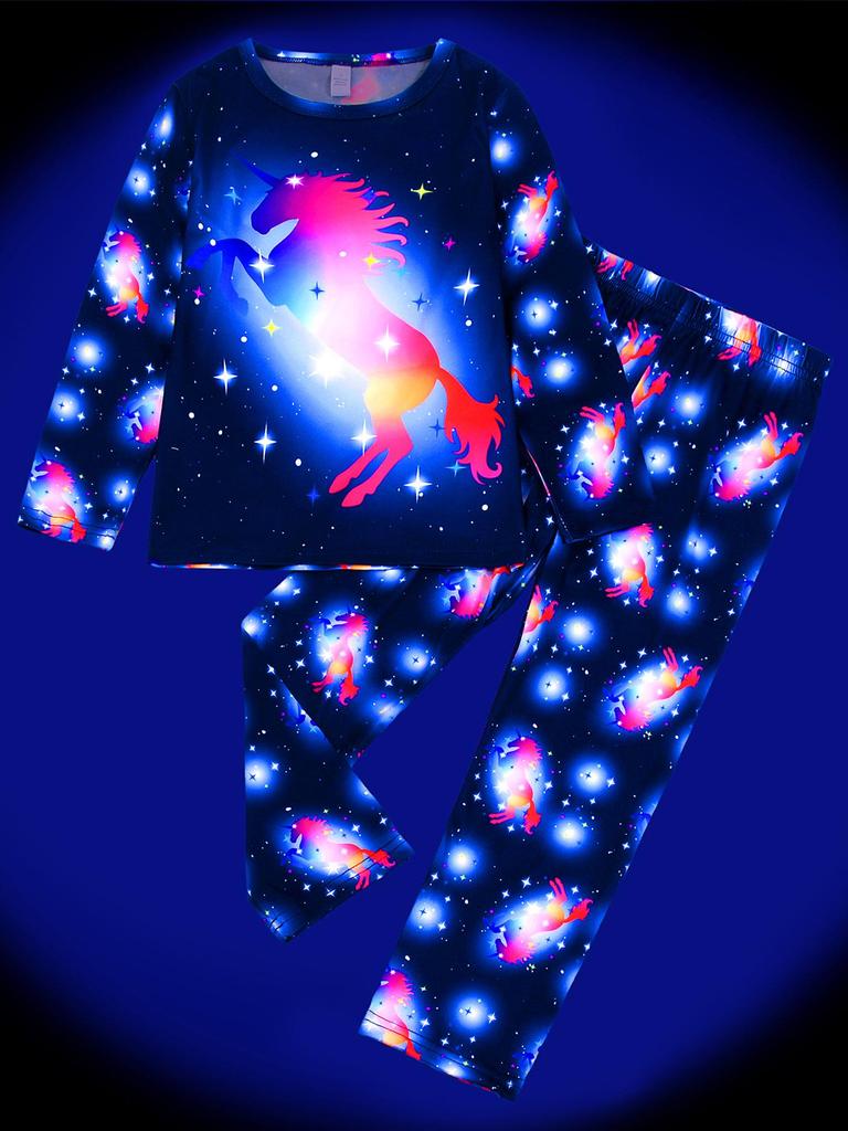 Flame-Retardant Milk Silk Kids' Dinosaur Pajama Set - Green Fluorescent, Long Sleeve & Pants