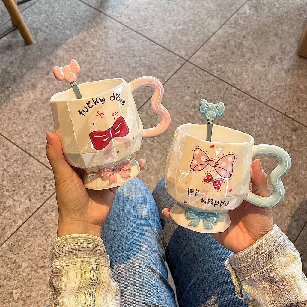 Bow Mug High Looking Girl Heart Cup Ceramic Water Cup Home Couple Office Coffee Breakfast Cup