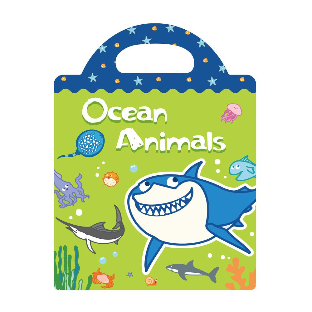 Repetitive children's toys featuring "First Book" animal, dinosaur and ocean scene jelly sticker books