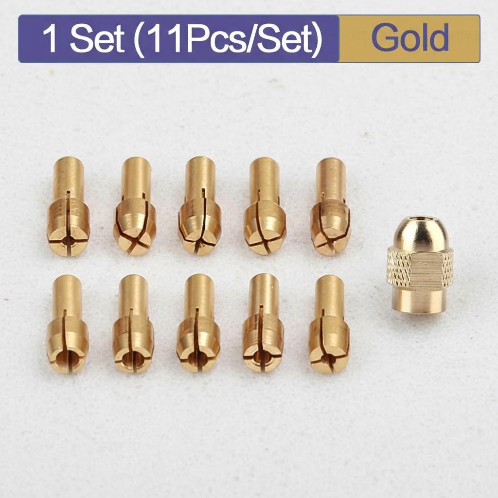 

11 Pcs Mini Bit Brass Chuck Set 4.3mm Handle 0.5-3.2mm Chuck and M8 X 0.75 Nut for Power Tool Accessories золотий