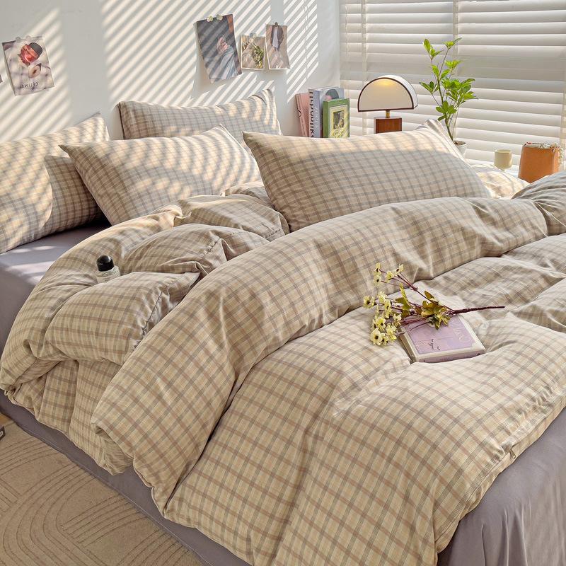 Washed Cotton 4Pcs Dormitory Small Fresh Naked Sleeping 3Pcs Double-Layer Yarn Bed Sheet Quilt Cover