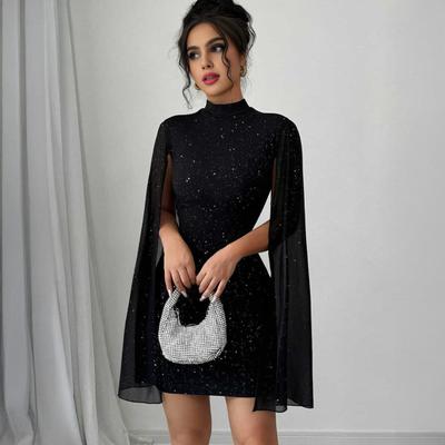 Vestido Curto com Manga de Capa Brilhante para Mulher, Sexy, Gola Alta, Vestido para Festa de Cocktail, Vestido para Sair, Vestido para Convidado de Casamento