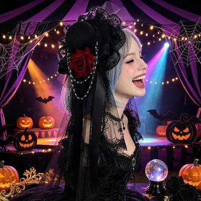Chain Hanging Hair Accessory Gothic Halloween Headdress with Rose And Decoration, Mini Bowler Hat, Cosplay Party Retro Small Top Hat Clip for