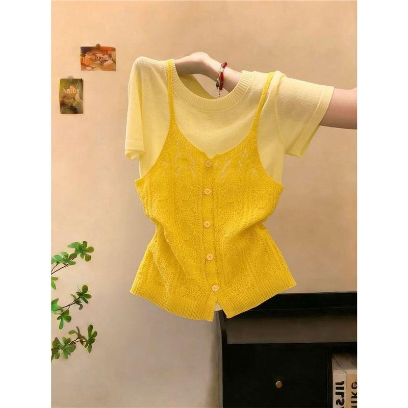 

Dopamine Yellow Knitted Sweater Camisole Set for Women, New Summer Style Versatile Age-Reducing Short-Sleeve T-Shirt Two-Piece Set Yellow M
