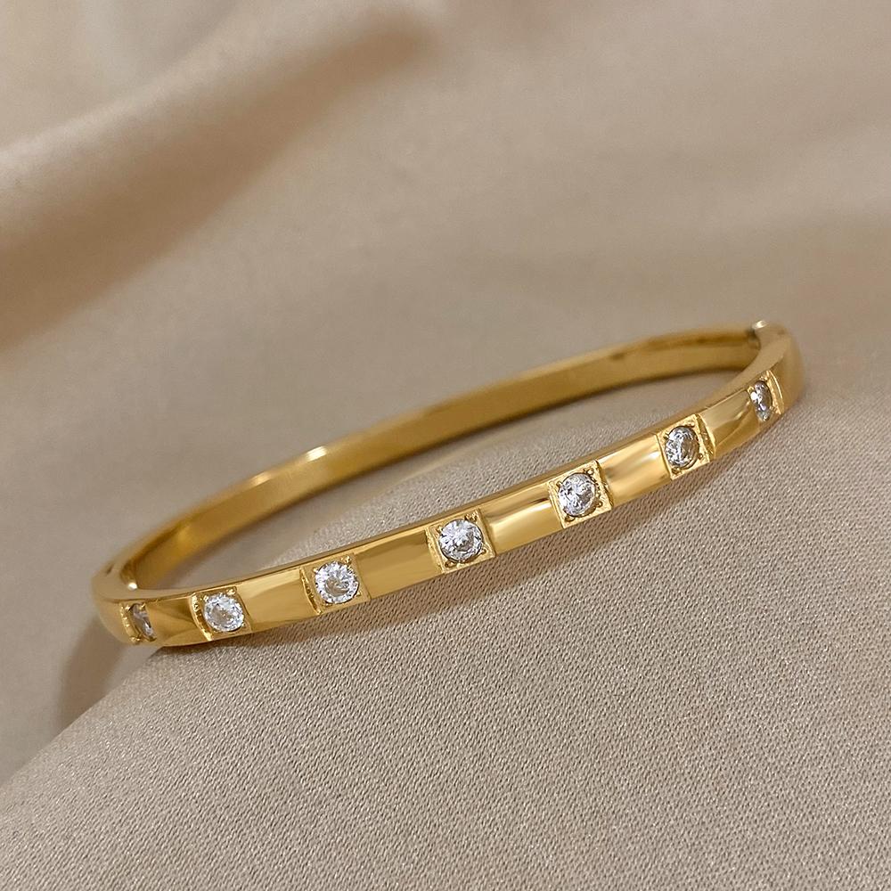 Greatera Trendy Gold Plated 316L Stainless Steel Bangles Bracelets for Women Delicate Cubic Zirconia Bracelet Party Jewelry