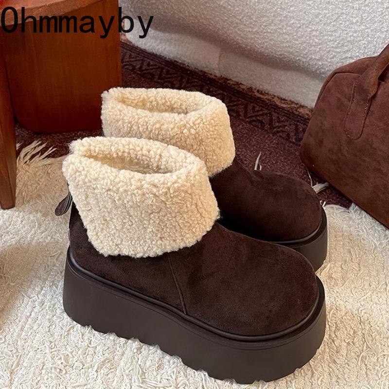 Autumn Winter Thick Sole Women Fur Snow Boots Concise Height Increase Shoes Ladies Outdoor Comfort Warm Cotton Short Booties