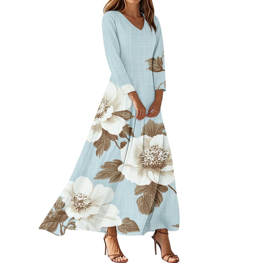 Women's Casual 3/4 Sleeve V-Neck Floral Print Maxi A-Line Beach Dress