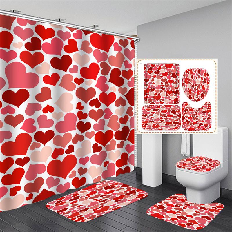 Valentine's Day Bathroom Bathing Waterproof Shower Curtain Home Entrance Doormat Bathtub 4Pcs Set Toilet Seat Cover Rugs Bath Non-Slip Floor Mat Love