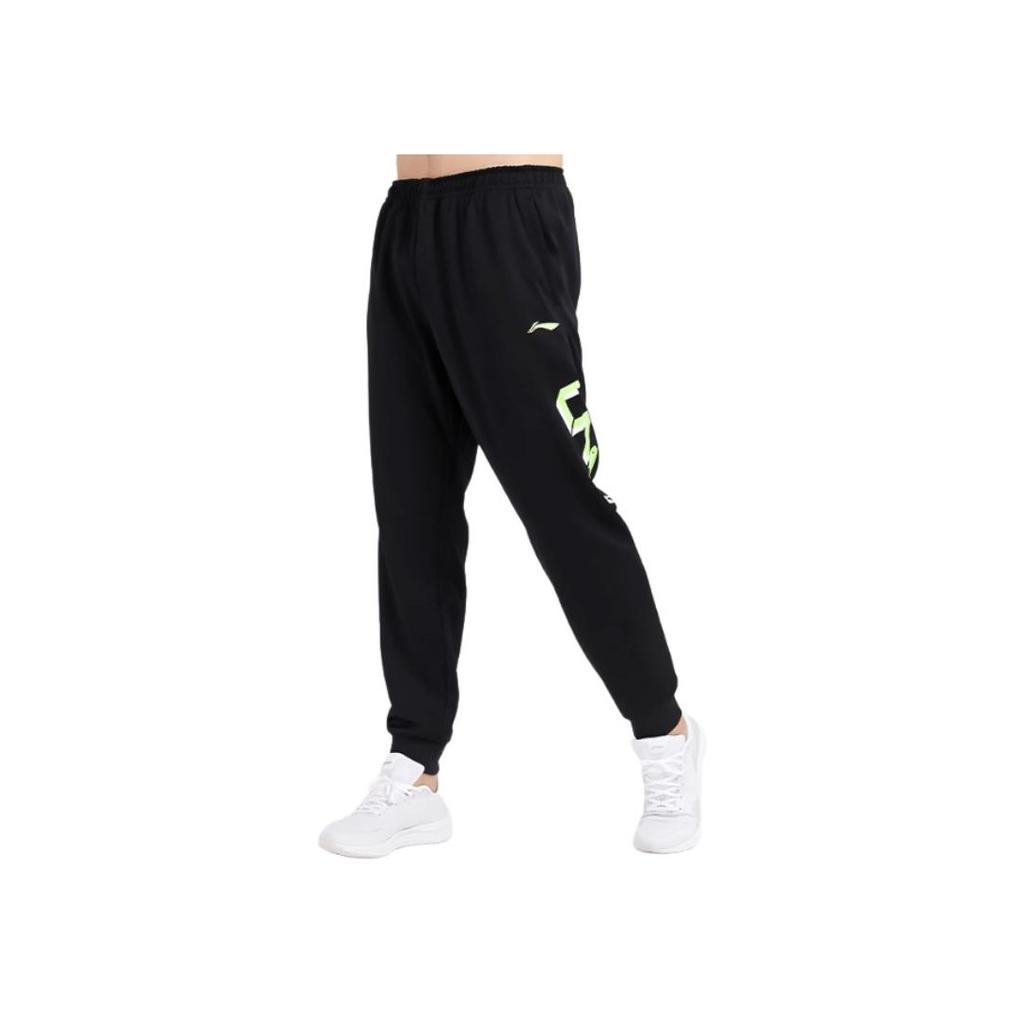 Li-Ning Sports Fashion Series Letter Print Drawstring Cuffed Mid-Waist Knitted Sports Pants Men bottoms Standard-Black YKLU275-3