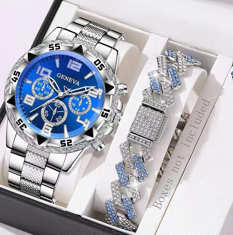 

2PC Men s Watch Set Business Trend Digital Scale Blue Circular Dial Quartz Watch Bracelet Set Perfect Gift for Friends or Dad