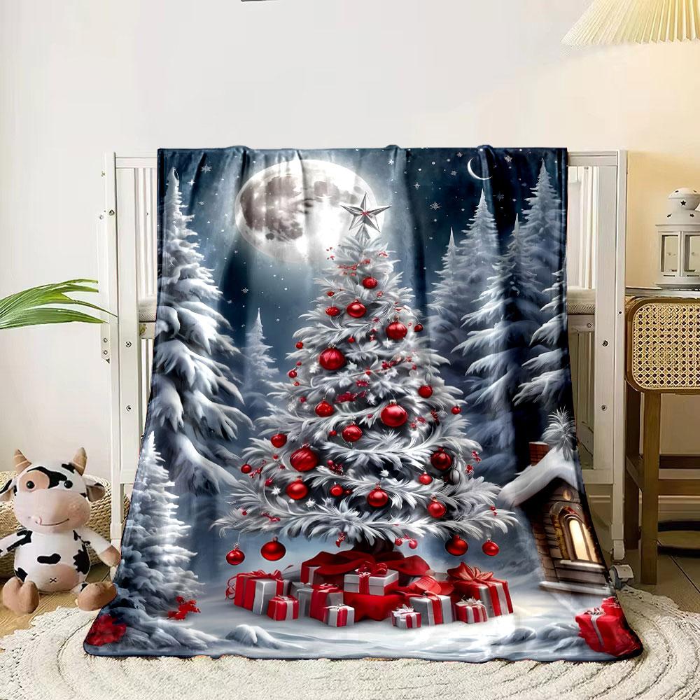 Christmas Tree Moon Snowflake Print Blanket Bedroom Blanket for Livingroom Couch Lunch Break Soft Throw for Friend's Festival Gift