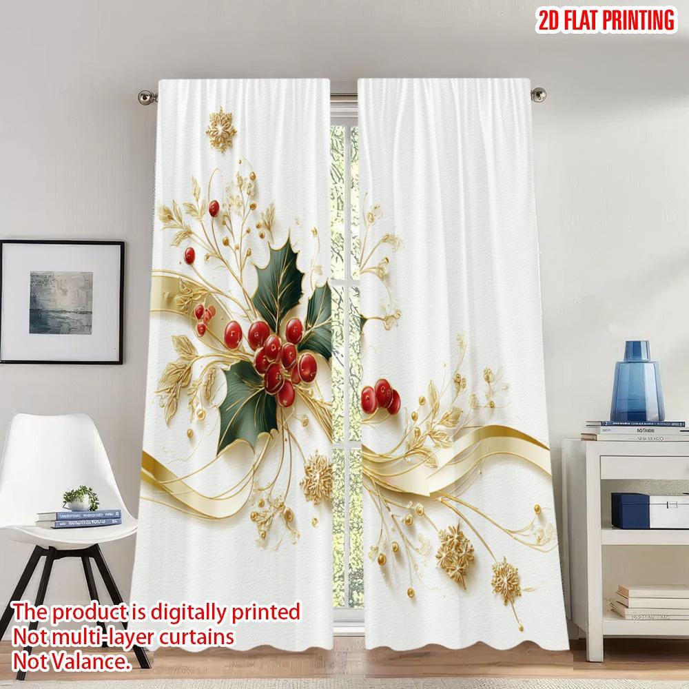 

Set Of 2 Flat Printing Merry Christmas Trendy Curtains Holly Berries Snowflakes Digital Printed Polyester Drapes Party Made W100*H70(CM)-Hooks&2PCS