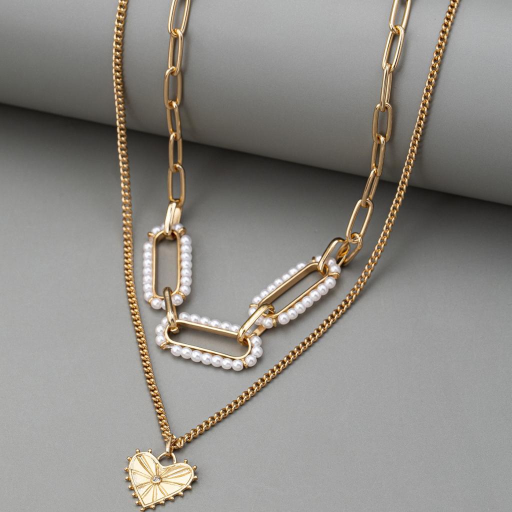 Ins style pearl heart pendant necklace for women's fashion trend, multi-layer collarbone chain for women