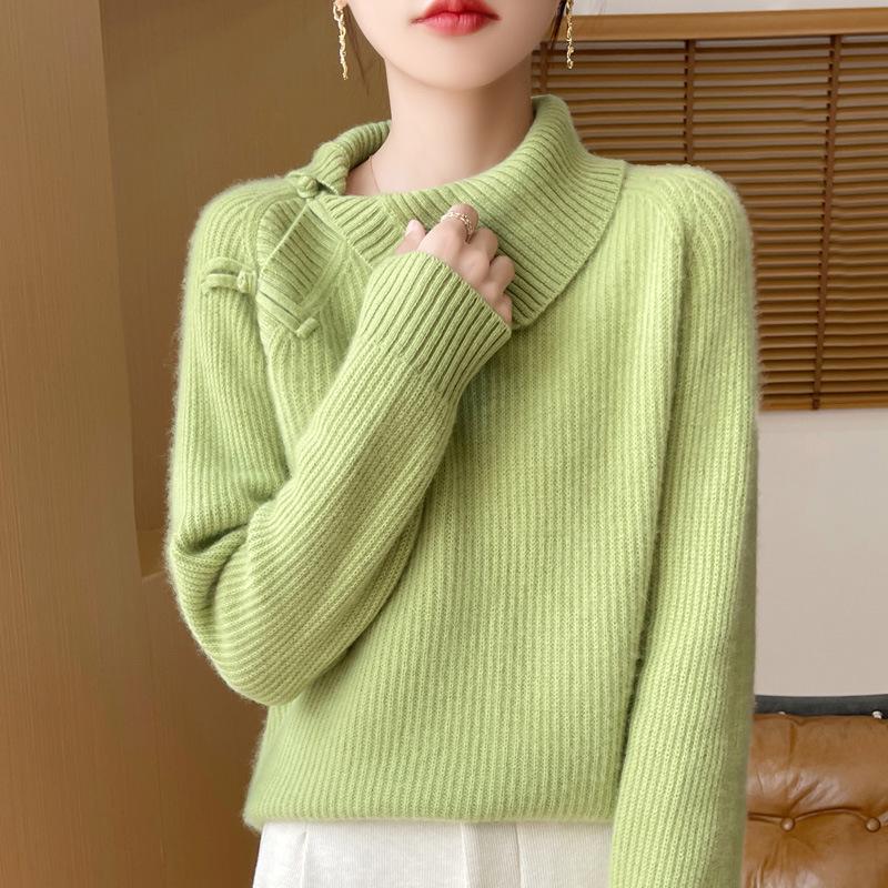 Women's Retro Chinese Lapel Wool Sweater with Frog Buttons