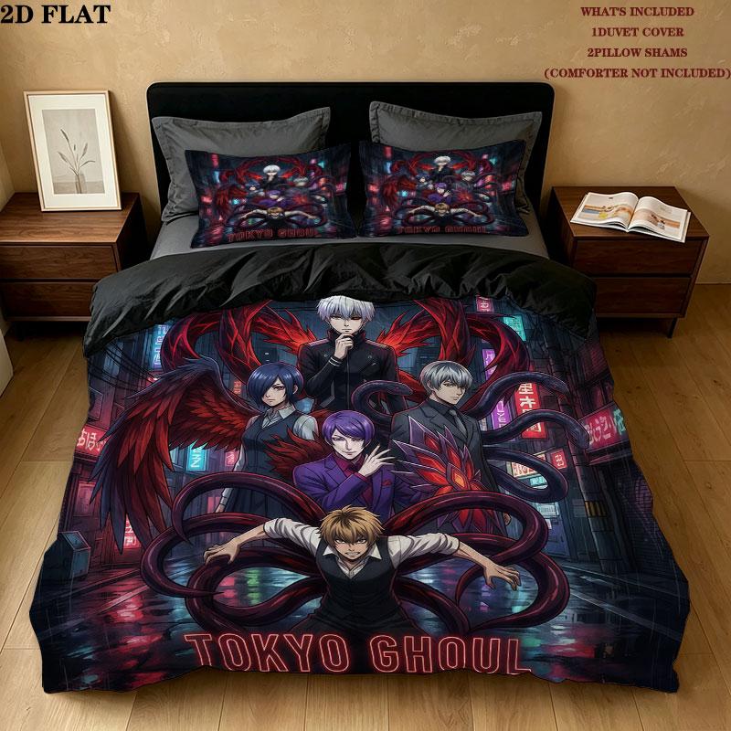 סט מצעים עם דוגמת Tokyo Ghoul, כיסוי שמיכה, ציפית לכרית, מתנת יום הולדת לבית(1 * כיסוי שמיכה + 2 * ציפות, ללא ליבה)
