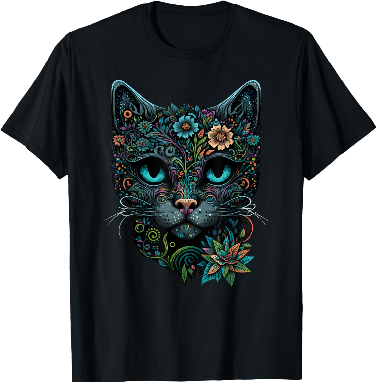 Cat Sugar Skull Flowers T-Shirt XXL