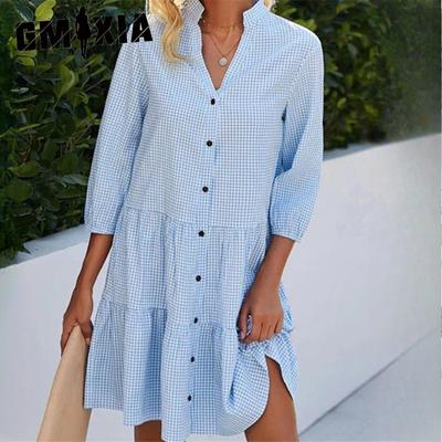 Women's Spring Five Points Sleeve Women's Plaid Standing Collar Shirt Dresses