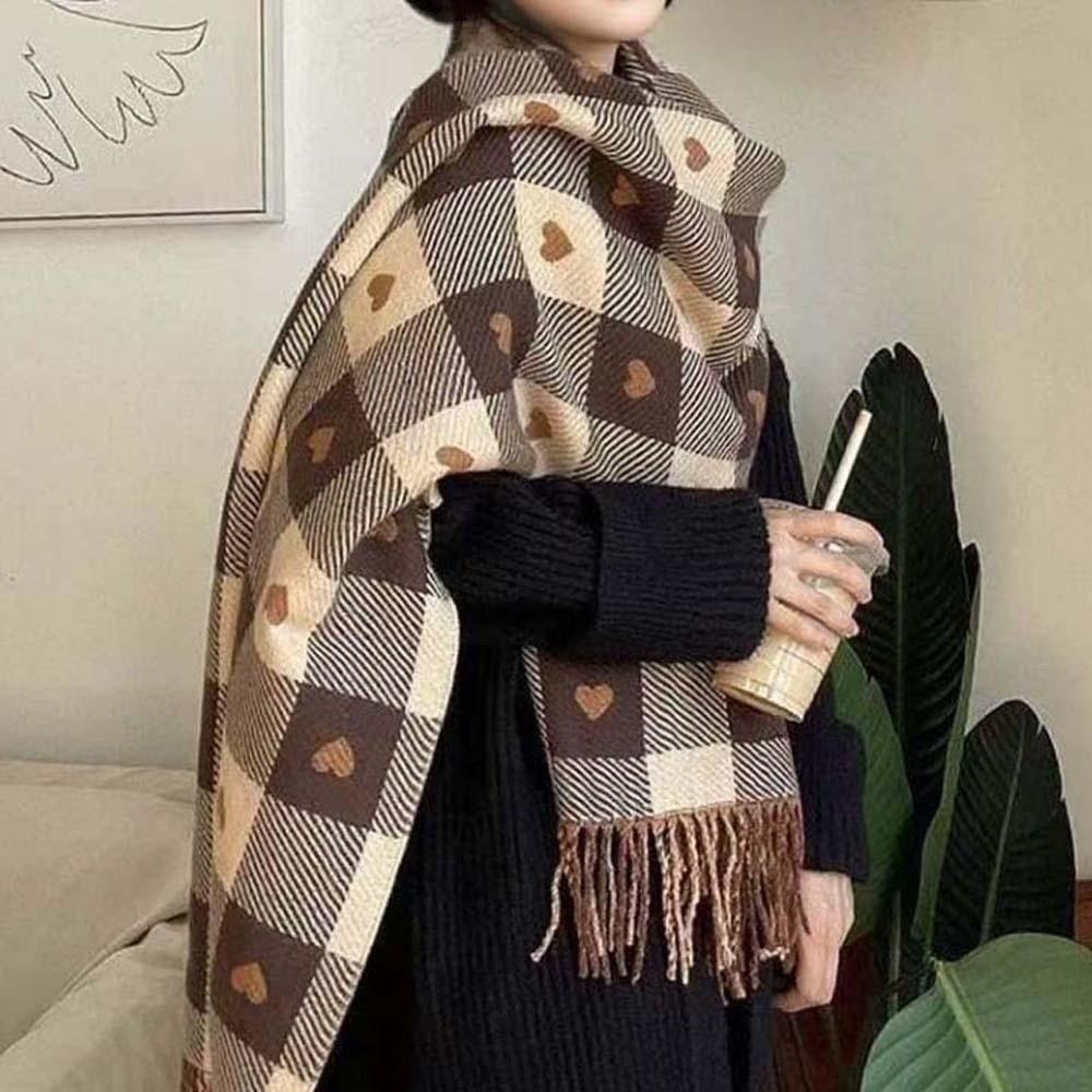 Warmer Plaid Knitted Scarf Long Tassel Shawl Korean Style Heart Thickened Scarf Winter