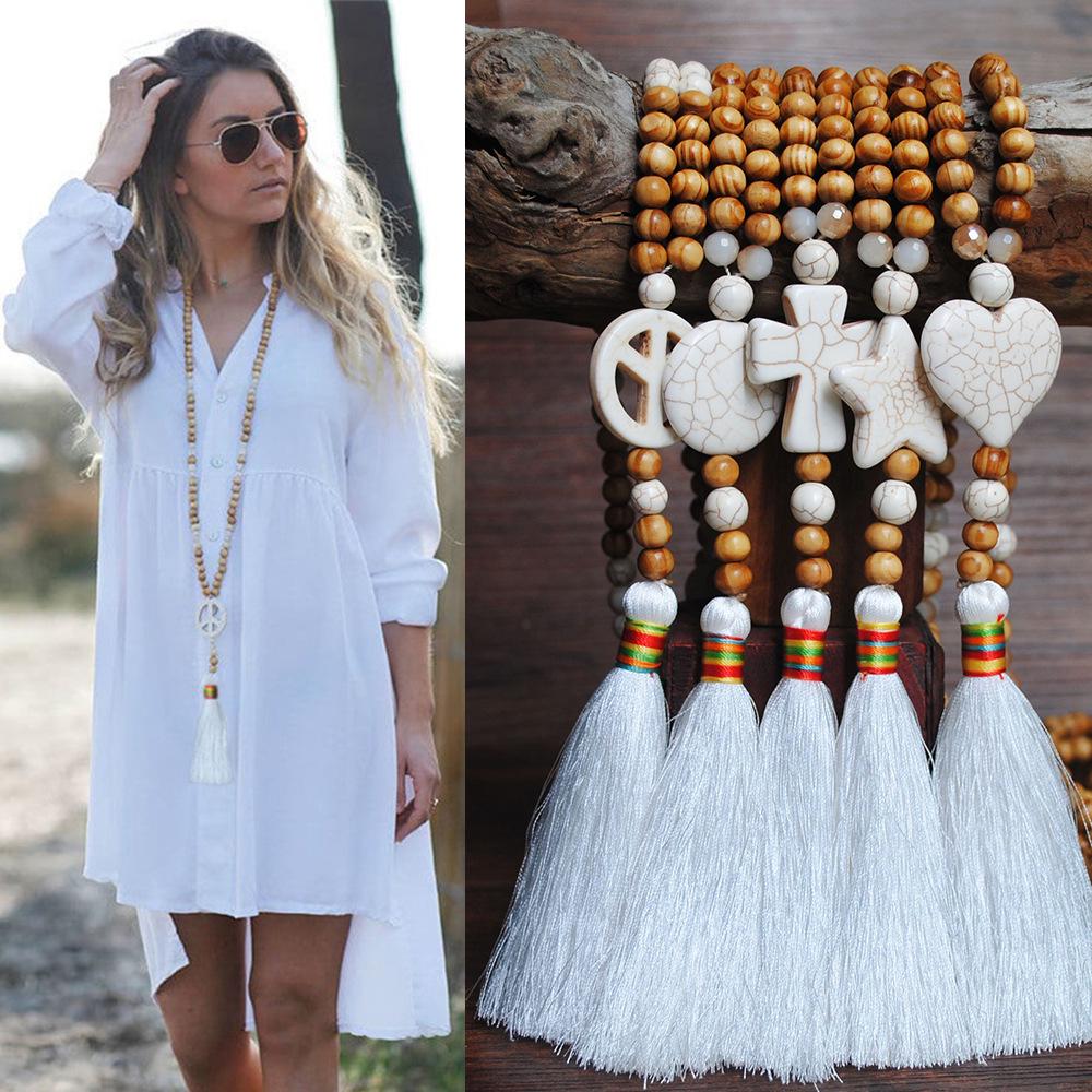 Handmade Wooden Bead Necklace Women's Versatile Long Fringed Sweater Chain Cross Necklace Jewelry