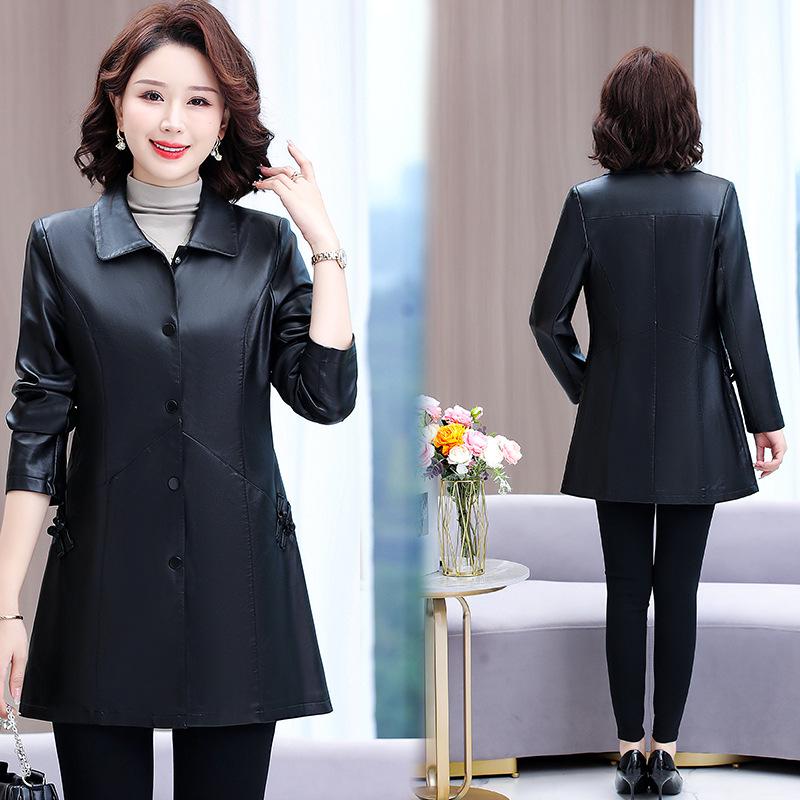 

Мамино пальто-тренч средней длины из искусственной ПУ кожи в корейском стиле: Похудение, Высокий класс, Повседневная мода для весны и осени. 5XL (140-150 jin) чёрный