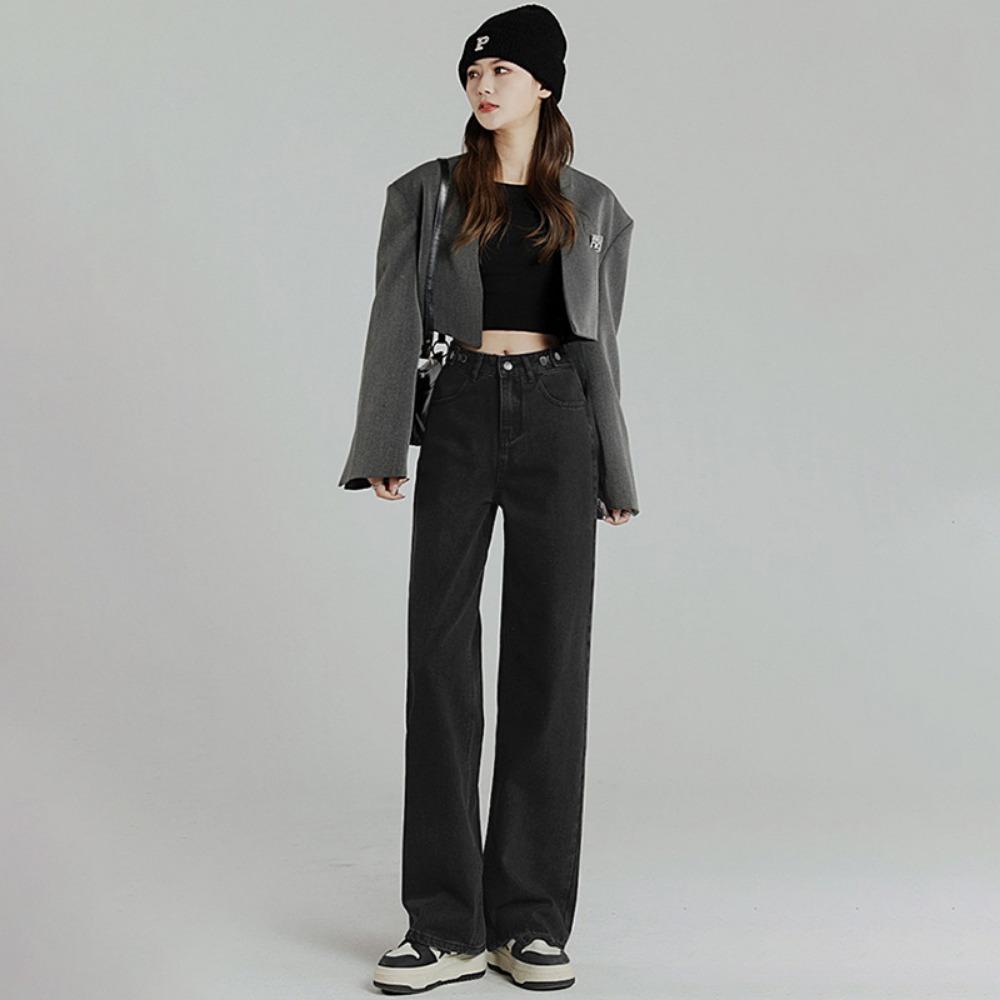 

Adjustable buckle high waist wide leg jeans women s versatile high and thin jeans casual lazy ins tide 2XL