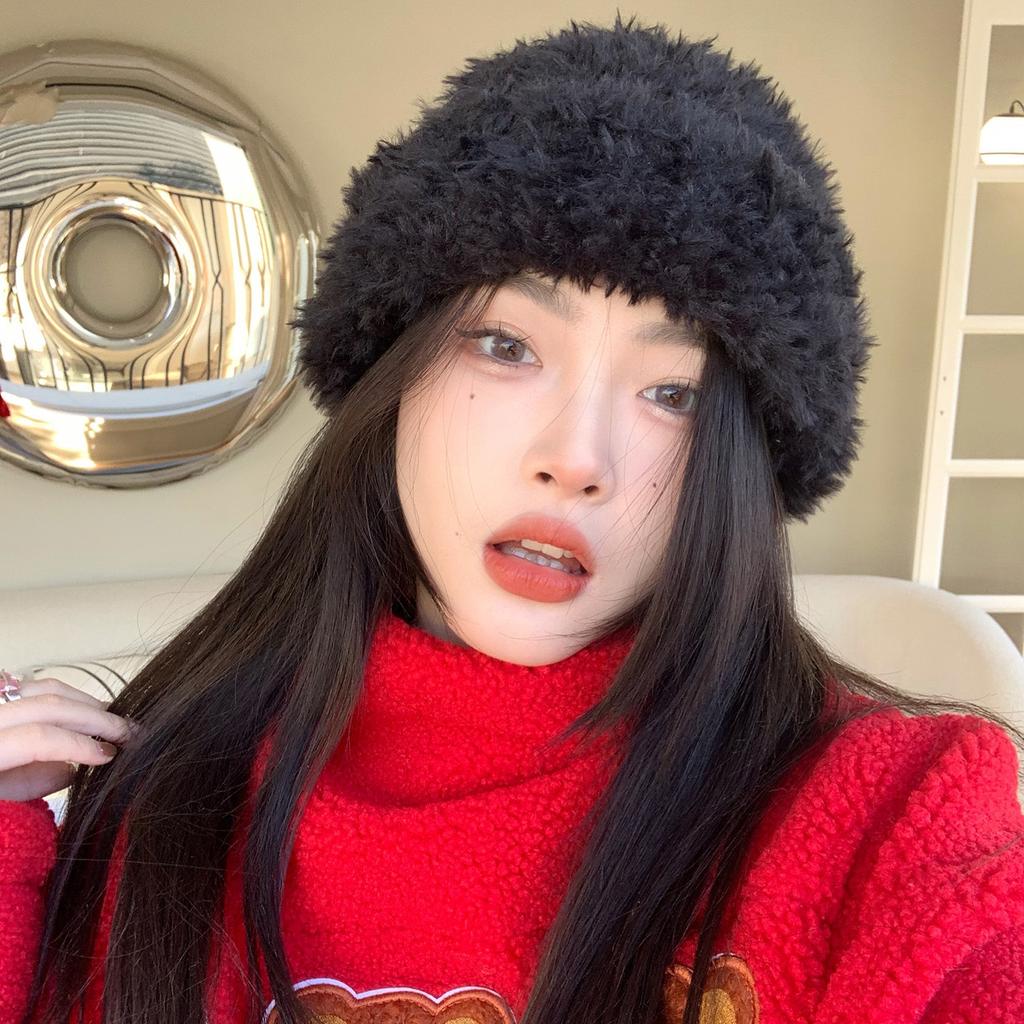 Imitation Fur White Plush Hat for Women with Winter Cute Wool Knitted Hat for Women with Warm Ear Protection Cold Hat