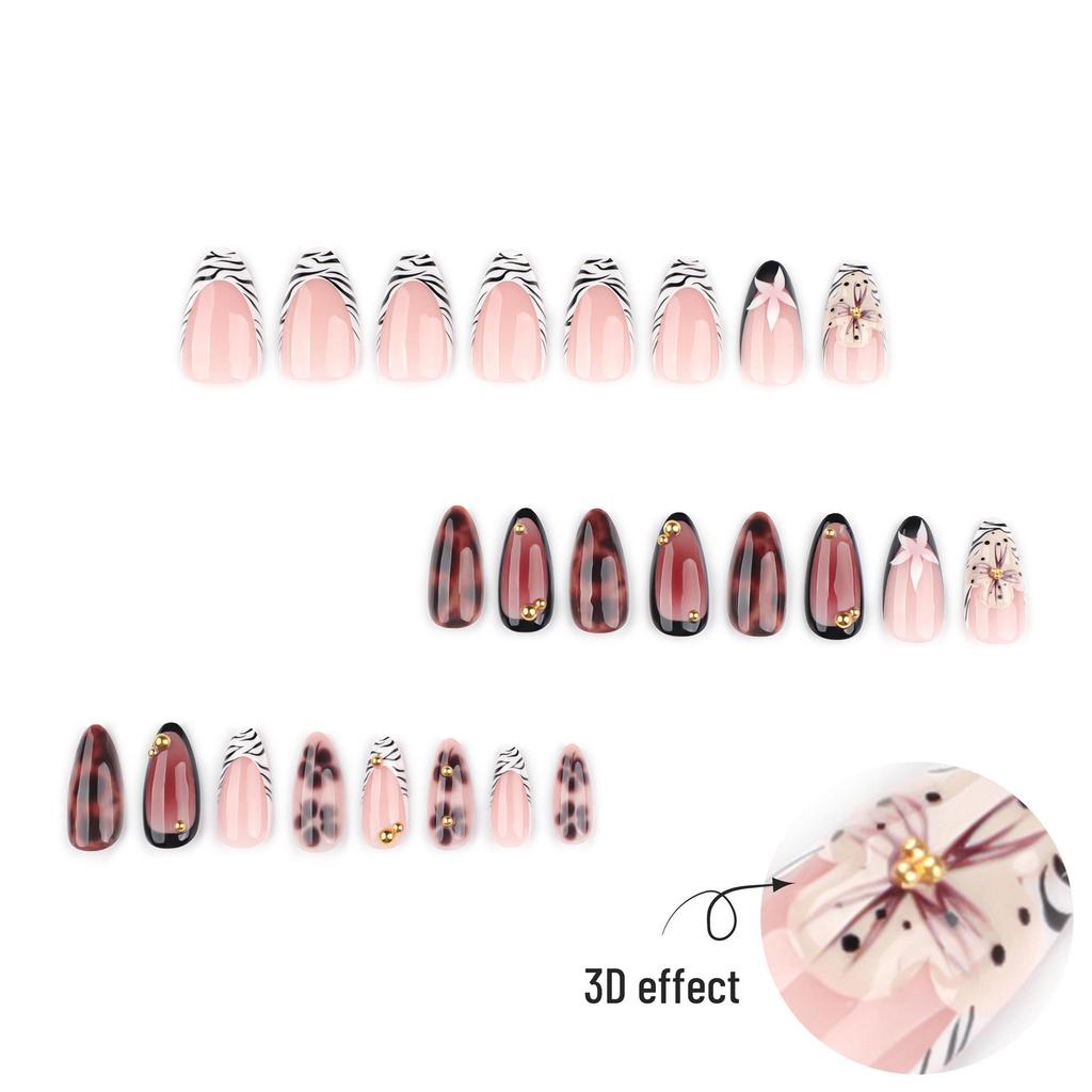 Autumn/Winter 3D Floral French Zebra Stripe Wearable Nail Tips