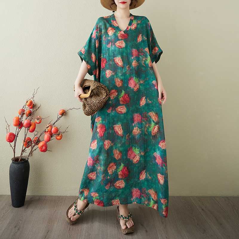 Women's Vintage Long Dress with Cotton and Linen Patterns