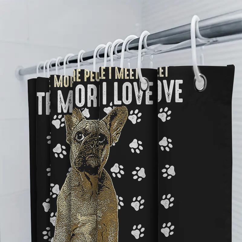 Decorative Dog Print Shower Curtain French Bulldog Design, White Paw Prints, Premium Quality Fabric, Waterproof Bath Mat Set For