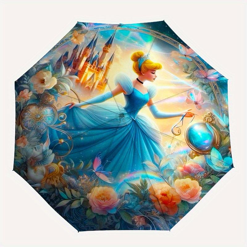 Disney Cinderella, Fairy Tale Themed automatic opening and closing folding umbrella, portable - durable, 8-rib umbrella frame, very suitable