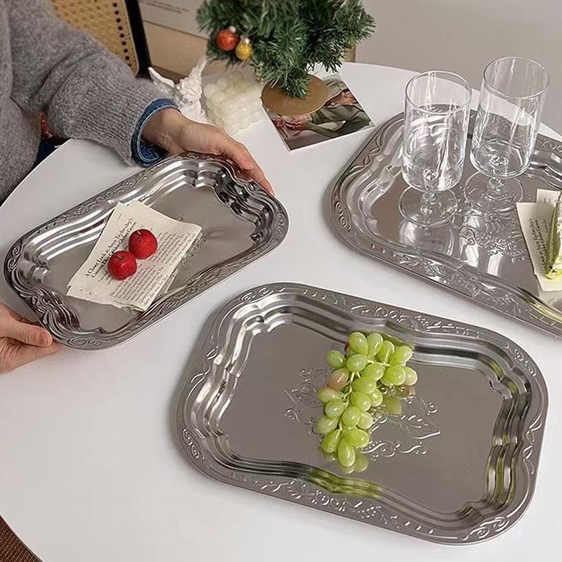 Vassoio Rettangolare in Acciaio Inossidabile con Design a Rilievo per Cucina Soggiorno Contenitore Durevole Piatto da Portata per Frutta Snack Torta