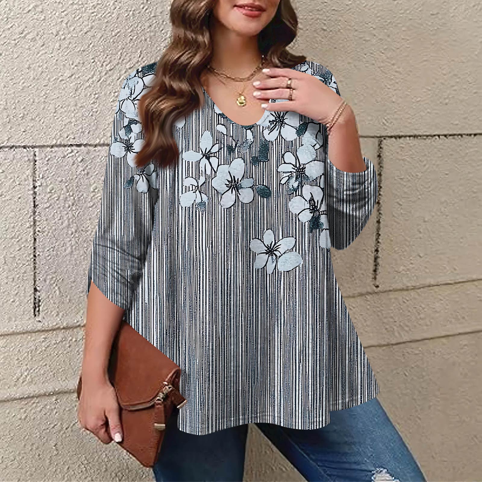 

Женский модный топ большого размера с принтом, повседневный плиссированный, с круглым вырезом и длинными рукавами XXXXL