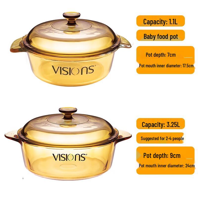 Corning Visions 2-Piece Glass Pot Set (1.1L Milk Pot + 3.25L Soup Pot)