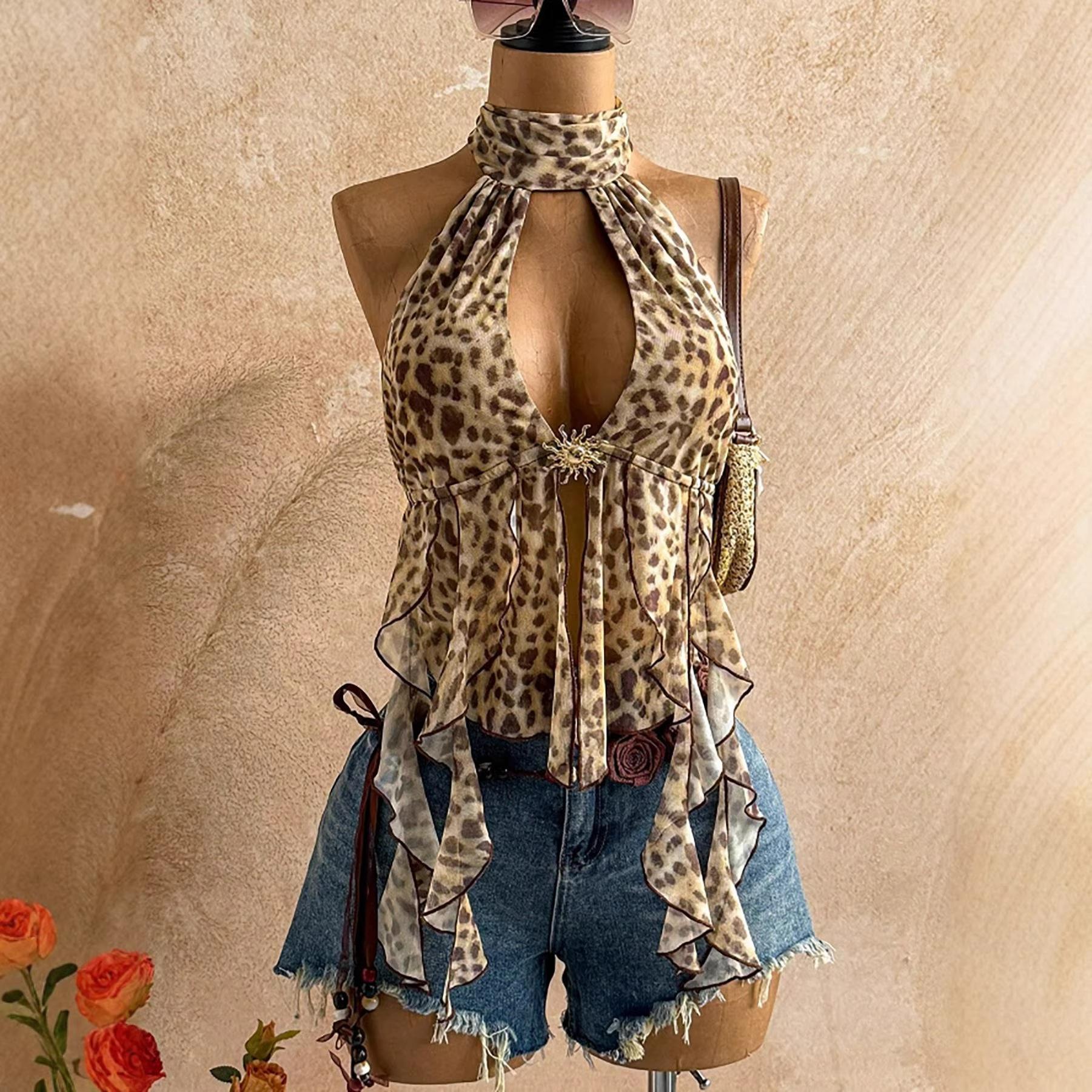Leopard Print Halter Backless Sexy Short Top For Women S