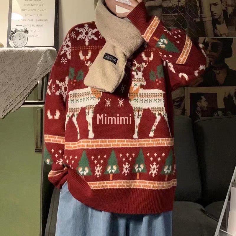 

Мужской вязаный рождественский свитер в стиле ретро: Осень/Зима Плотная, Свободная, Ленивый Гонконгский Стиль, Круглый вырез, Модная Рубашка с Подкладкой 2XL красный