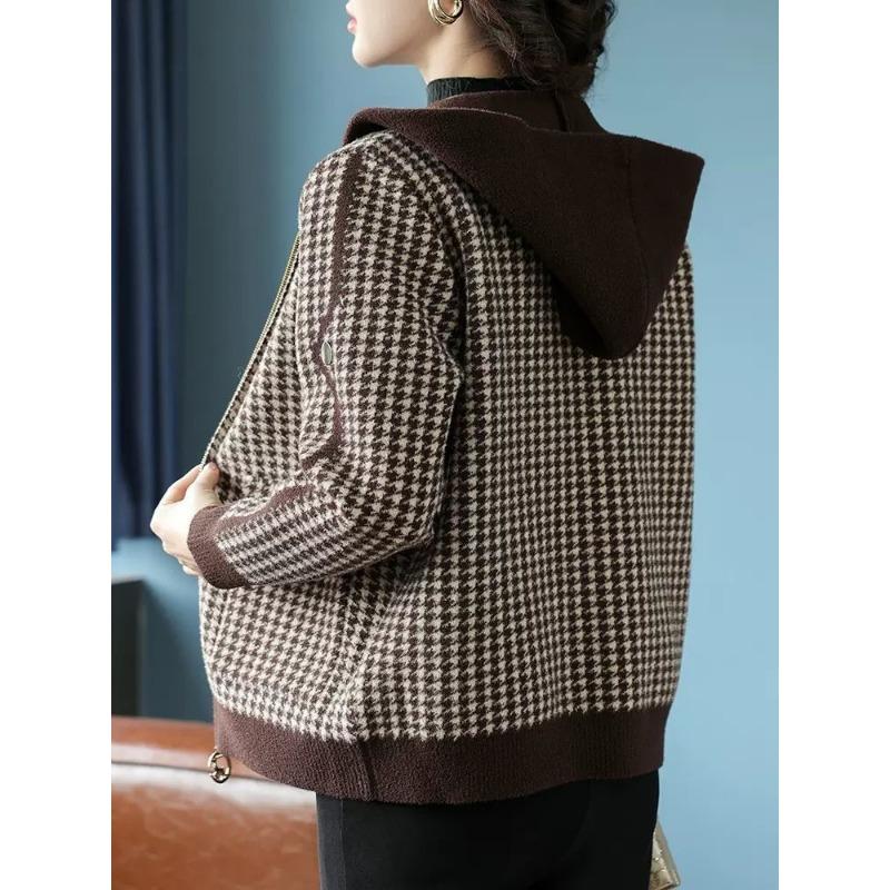 Giacca da Donna Autunno e Inverno Chibi a Quadri Moda Casual con Cappuccio Ringiovanente Cappotto con Cappuccio Top