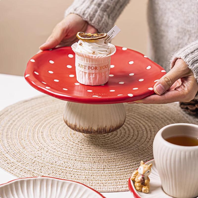 Cartoon Cute Red Mushroom Ceramic Plate, Kitchen Dining Room, Bread, Fruit Plate, Salad Bowl, Afternoon Tea Dessert Plate
