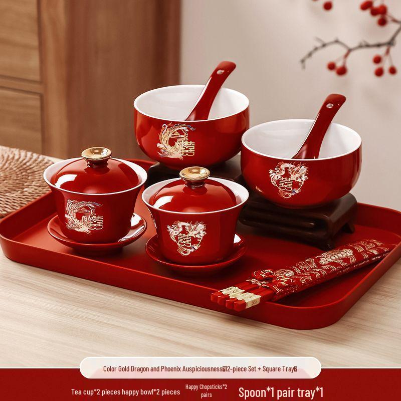 Wedding Tea & Chopstick Set: Red Bowls for Toasting & Happy Celebrations.