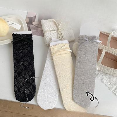 Damen Sommer Socken Dünne Spitze Schleife Mesh Atmungsaktiv Kniehohe Socken