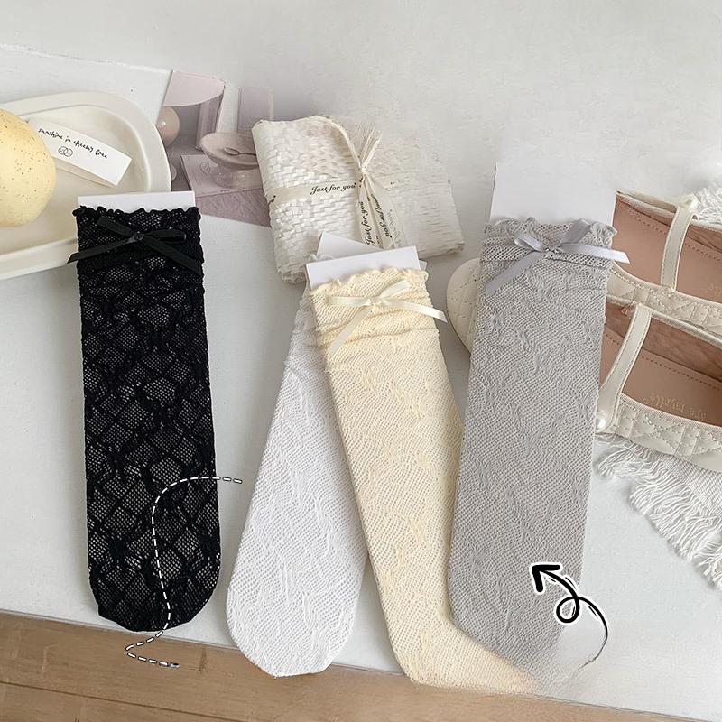Women's Summer Socks Thin Lace Bow Mesh Breathable Tube Stack Socks