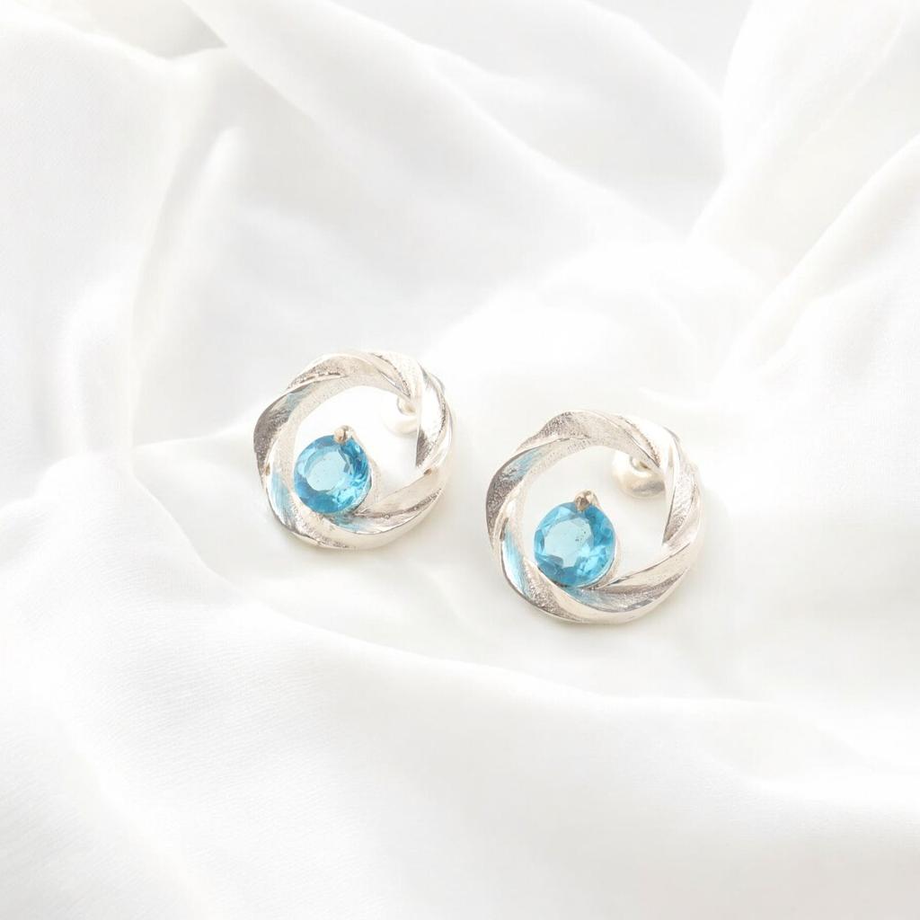 Natural Swiss Blue Topaz Silver Stud Earrings 925 Solid Silver Handmade Earrings CE-13-5