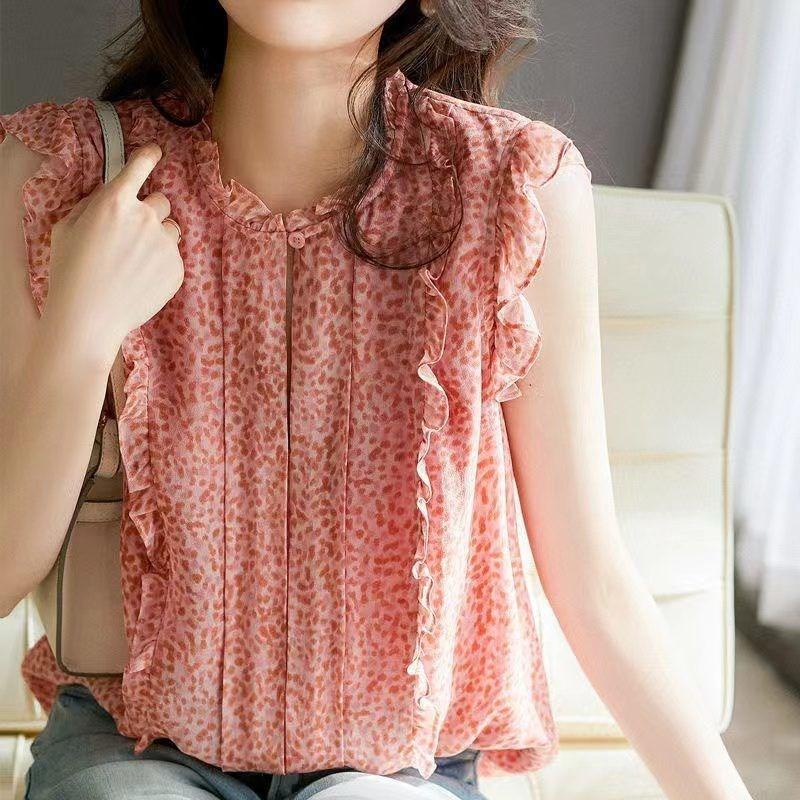 Ladies Summer French Sleeveless Top Thin Elegant Chiffon Printed Top