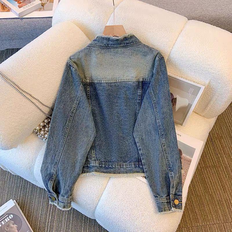 Washed Retro Denim Cropped Jacket with Raw Hem - Petite Loose Fit for Spring & Autumn 2026