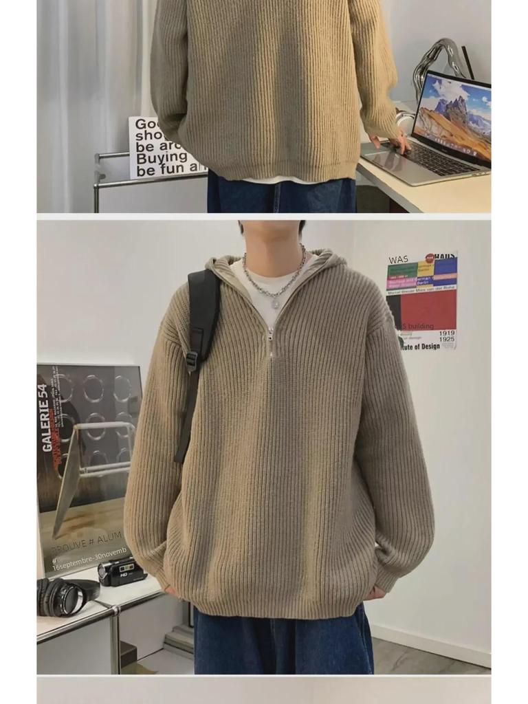 Men's Gray Cleanfit Half-Zip Hooded Sweater - Casual, Cool American Style Knitted Jacket