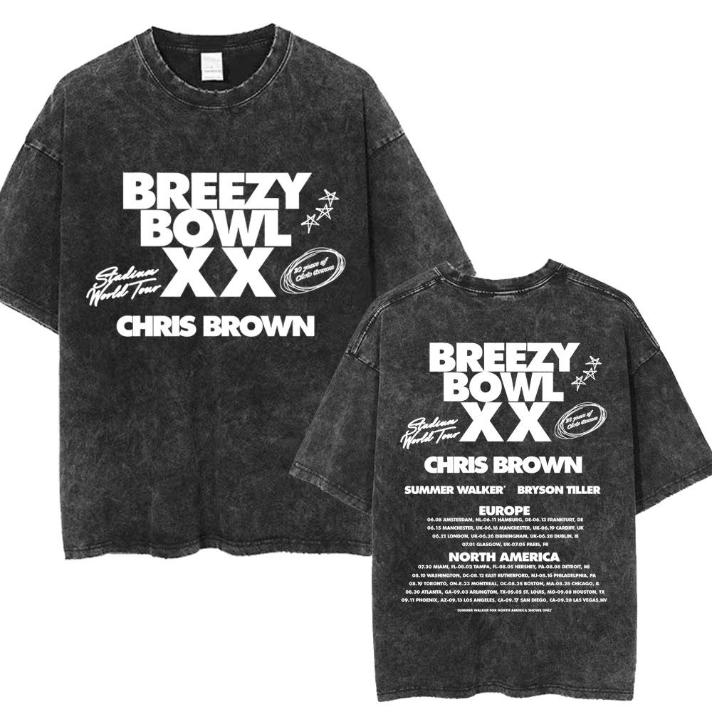 Chris Brown Breezy Bowl XX Concert Tour Washed T Shirts Vintage Hip Hop Gothic T Shirt Mens Oversized Cotton Tshirt Streetwear