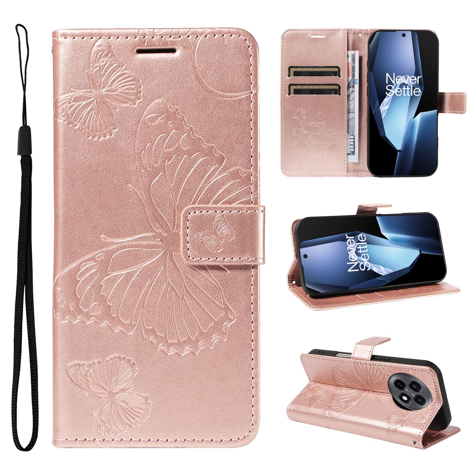 

Для OnePlus 13R 5G/Ace 5 5G/5 Pro 5G Чехол-кошелек Кожаный чехол для телефона с подставкой, с цветочным и бабочковым принтом Rose Gold