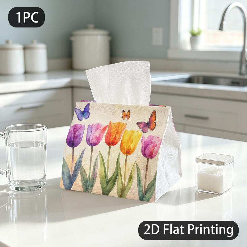 1pc Tissue Box, Watercolor Tulips Butterflies Gentle Grace Pattern, 2D Flat Printing, Multi-Purpose, Strong And Firm, Tissue Container, for Office Use
